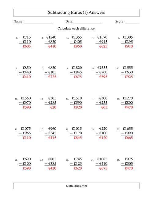 The Subtracting Euros With Amounts from 5 to 995 in Increments of Five Euros (I) Math Worksheet Page 2