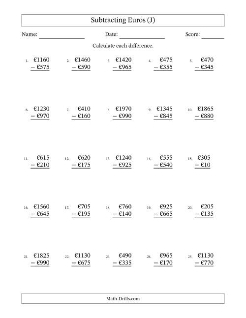 The Subtracting Euros With Amounts from 5 to 995 in Increments of Five Euros (J) Math Worksheet