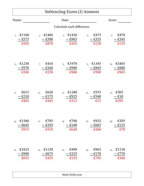 The Subtracting Euros With Amounts from 5 to 995 in Increments of Five Euros (J) Math Worksheet Page 2