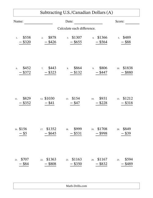 The Subtracting U.S./Canadian Dollars With Amounts from 1 to 999 in Increments of One Dollar (A) Math Worksheet