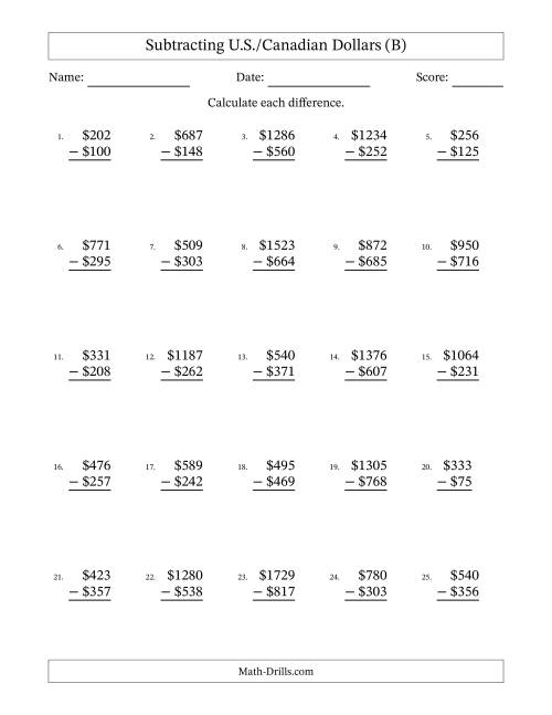 The Subtracting U.S./Canadian Dollars With Amounts from 1 to 999 in Increments of One Dollar (B) Math Worksheet