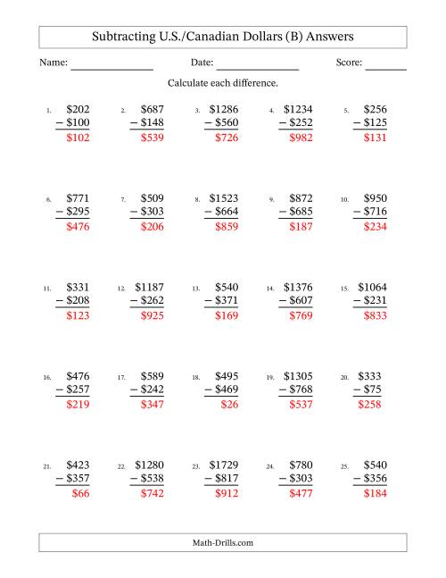 The Subtracting U.S./Canadian Dollars With Amounts from 1 to 999 in Increments of One Dollar (B) Math Worksheet Page 2