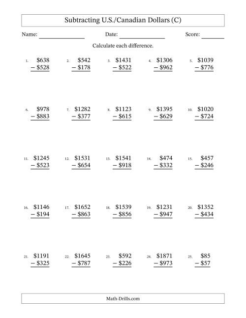 The Subtracting U.S./Canadian Dollars With Amounts from 1 to 999 in Increments of One Dollar (C) Math Worksheet