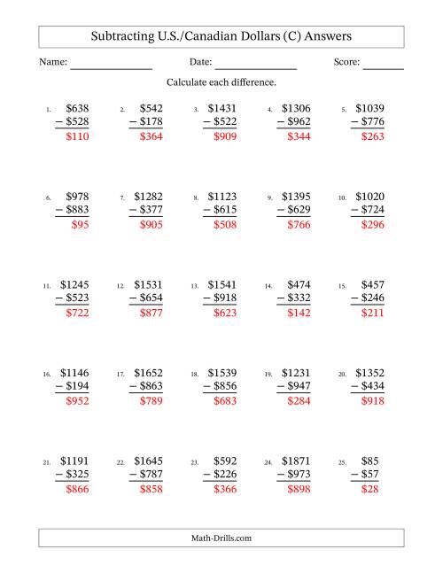 The Subtracting U.S./Canadian Dollars With Amounts from 1 to 999 in Increments of One Dollar (C) Math Worksheet Page 2