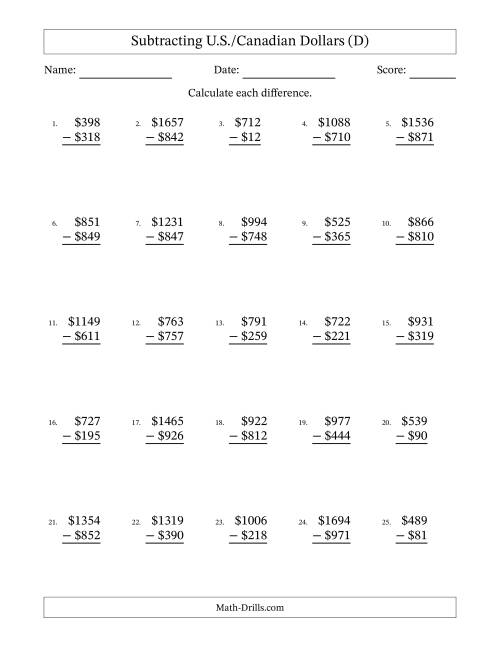 The Subtracting U.S./Canadian Dollars With Amounts from 1 to 999 in Increments of One Dollar (D) Math Worksheet