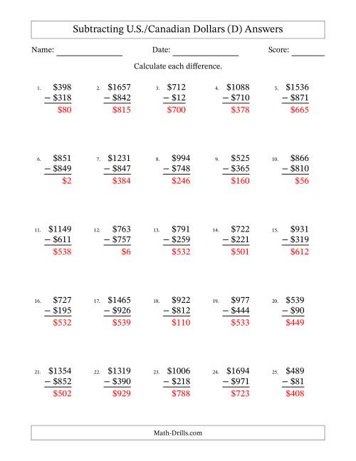 The Subtracting U.S./Canadian Dollars With Amounts from 1 to 999 in Increments of One Dollar (D) Math Worksheet Page 2