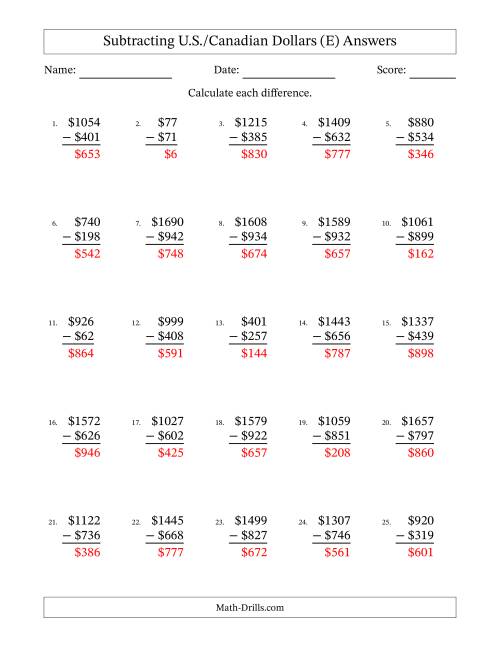 The Subtracting U.S./Canadian Dollars With Amounts from 1 to 999 in Increments of One Dollar (E) Math Worksheet Page 2