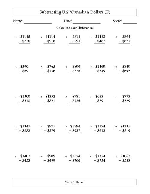 The Subtracting U.S./Canadian Dollars With Amounts from 1 to 999 in Increments of One Dollar (F) Math Worksheet