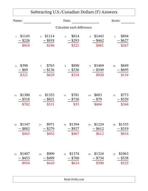 The Subtracting U.S./Canadian Dollars With Amounts from 1 to 999 in Increments of One Dollar (F) Math Worksheet Page 2