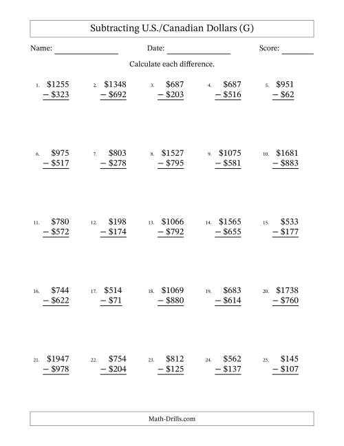 The Subtracting U.S./Canadian Dollars With Amounts from 1 to 999 in Increments of One Dollar (G) Math Worksheet