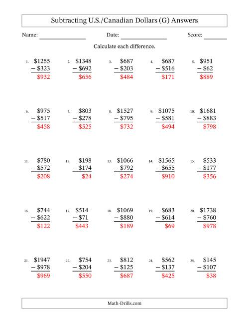 The Subtracting U.S./Canadian Dollars With Amounts from 1 to 999 in Increments of One Dollar (G) Math Worksheet Page 2