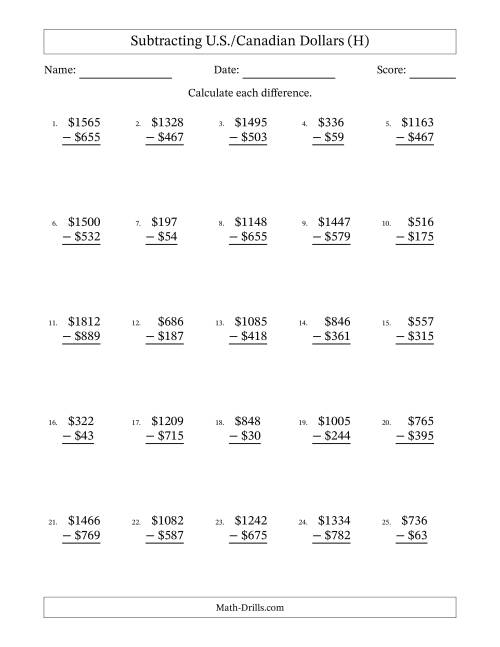 The Subtracting U.S./Canadian Dollars With Amounts from 1 to 999 in Increments of One Dollar (H) Math Worksheet