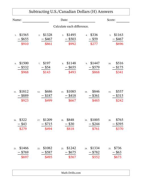 The Subtracting U.S./Canadian Dollars With Amounts from 1 to 999 in Increments of One Dollar (H) Math Worksheet Page 2