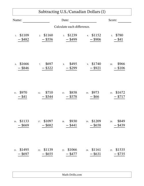 The Subtracting U.S./Canadian Dollars With Amounts from 1 to 999 in Increments of One Dollar (I) Math Worksheet