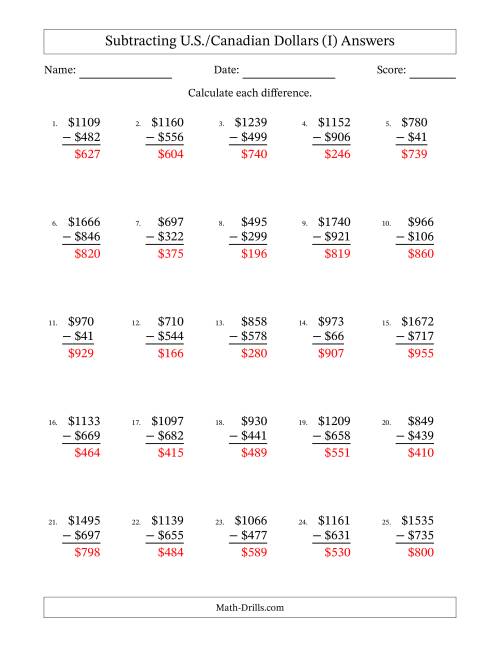 The Subtracting U.S./Canadian Dollars With Amounts from 1 to 999 in Increments of One Dollar (I) Math Worksheet Page 2