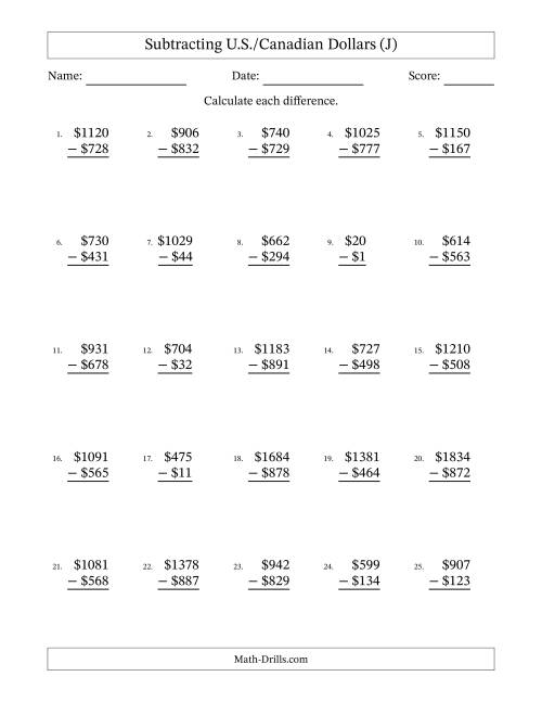 The Subtracting U.S./Canadian Dollars With Amounts from 1 to 999 in Increments of One Dollar (J) Math Worksheet