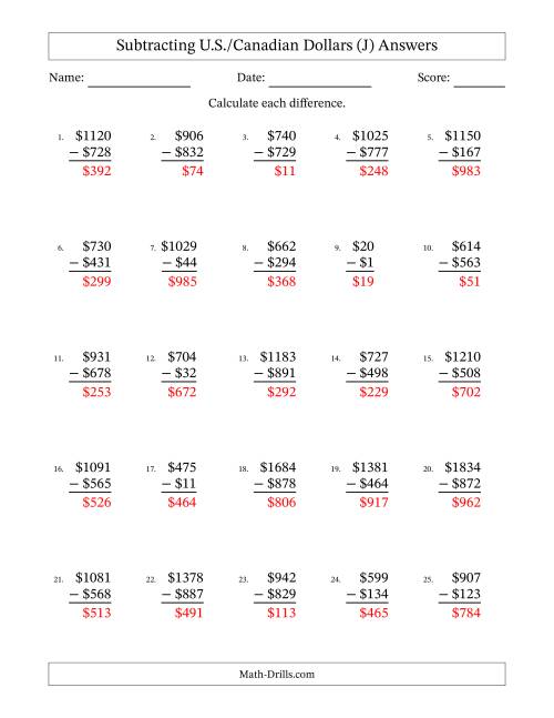 The Subtracting U.S./Canadian Dollars With Amounts from 1 to 999 in Increments of One Dollar (J) Math Worksheet Page 2