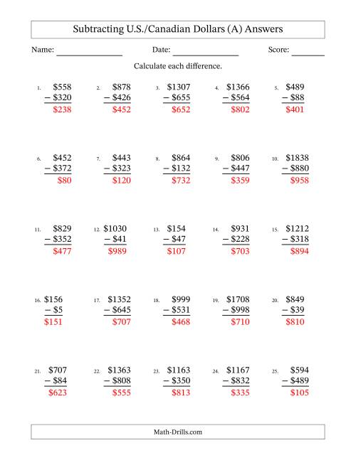 The Subtracting U.S./Canadian Dollars With Amounts from 1 to 999 in Increments of One Dollar (All) Math Worksheet Page 2