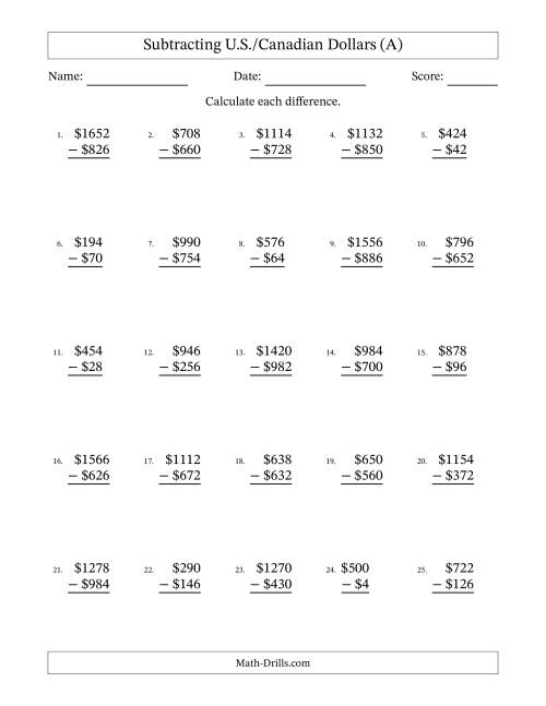 The Subtracting U.S./Canadian Dollars With Amounts from 2 to 998 in Increments of Two Dollars (A) Math Worksheet