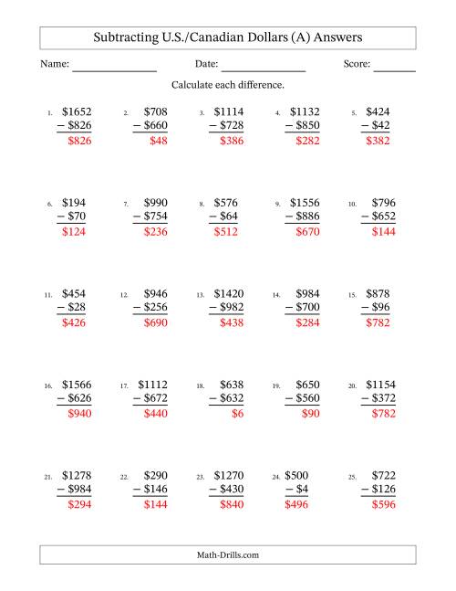 The Subtracting U.S./Canadian Dollars With Amounts from 2 to 998 in Increments of Two Dollars (A) Math Worksheet Page 2