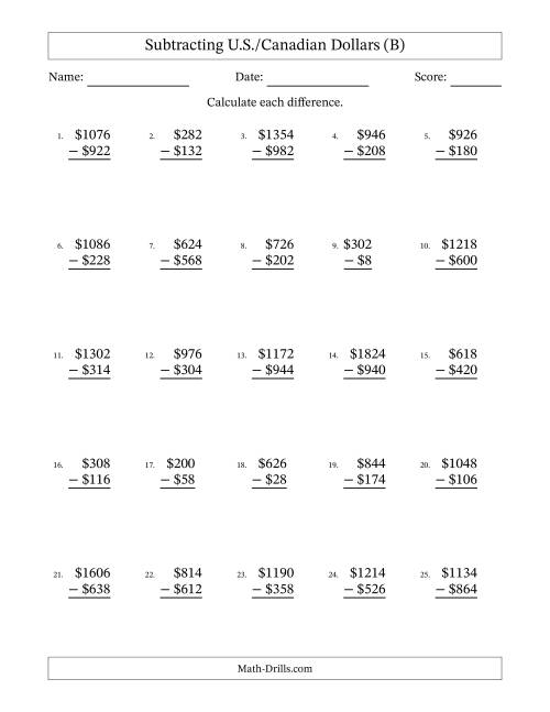 The Subtracting U.S./Canadian Dollars With Amounts from 2 to 998 in Increments of Two Dollars (B) Math Worksheet