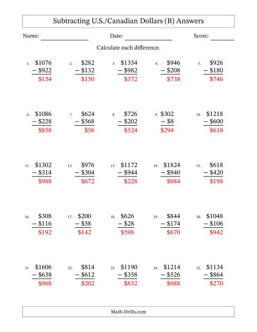 The Subtracting U.S./Canadian Dollars With Amounts from 2 to 998 in Increments of Two Dollars (B) Math Worksheet Page 2