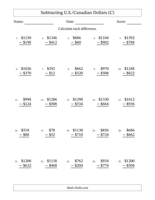 The Subtracting U.S./Canadian Dollars With Amounts from 2 to 998 in Increments of Two Dollars (C) Math Worksheet