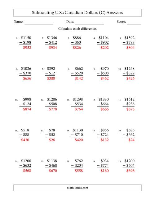 The Subtracting U.S./Canadian Dollars With Amounts from 2 to 998 in Increments of Two Dollars (C) Math Worksheet Page 2