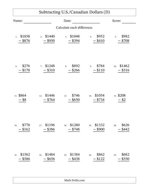 The Subtracting U.S./Canadian Dollars With Amounts from 2 to 998 in Increments of Two Dollars (D) Math Worksheet