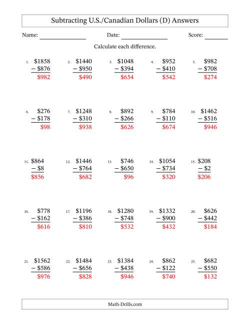 The Subtracting U.S./Canadian Dollars With Amounts from 2 to 998 in Increments of Two Dollars (D) Math Worksheet Page 2