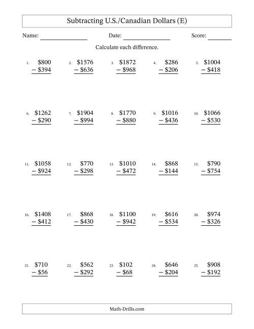 The Subtracting U.S./Canadian Dollars With Amounts from 2 to 998 in Increments of Two Dollars (E) Math Worksheet