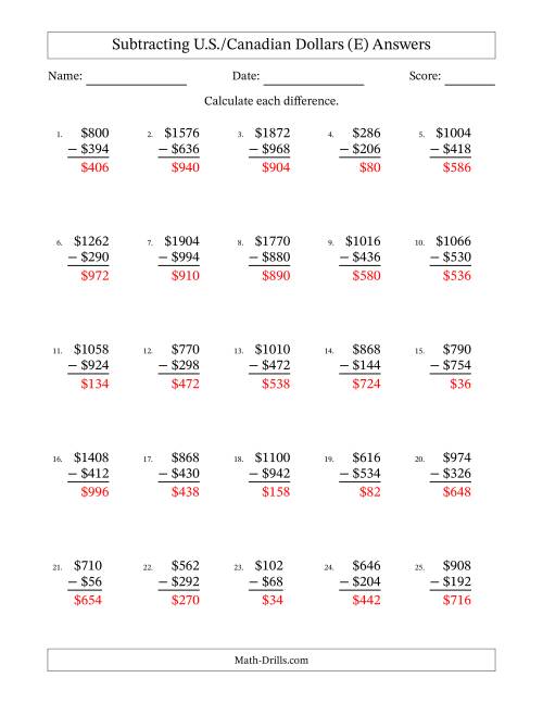 The Subtracting U.S./Canadian Dollars With Amounts from 2 to 998 in Increments of Two Dollars (E) Math Worksheet Page 2