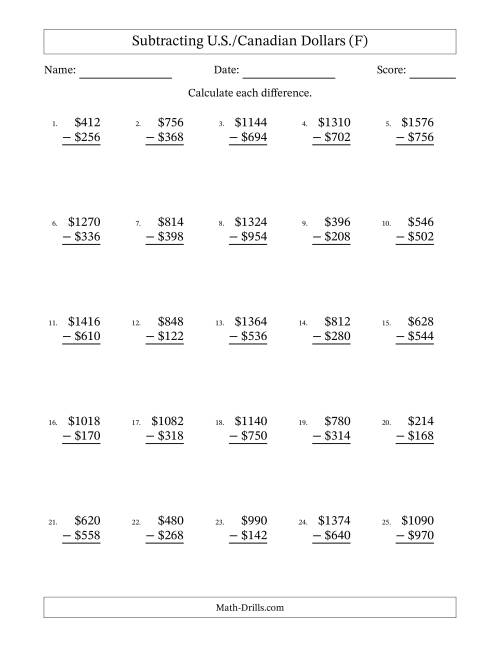 The Subtracting U.S./Canadian Dollars With Amounts from 2 to 998 in Increments of Two Dollars (F) Math Worksheet