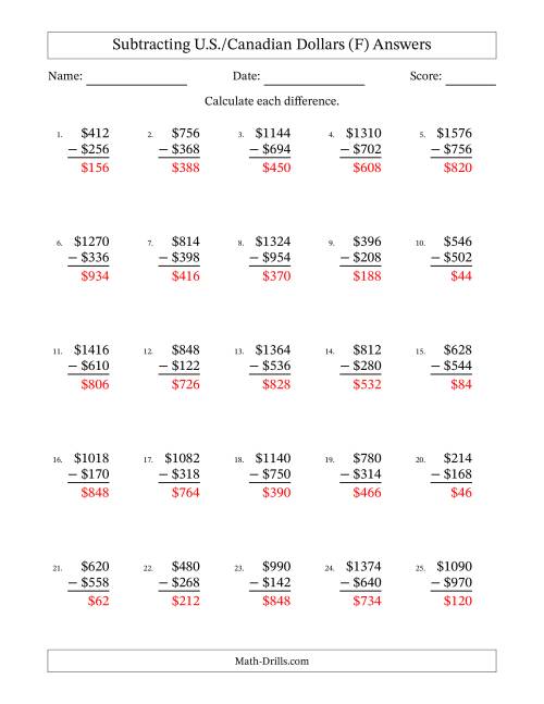 The Subtracting U.S./Canadian Dollars With Amounts from 2 to 998 in Increments of Two Dollars (F) Math Worksheet Page 2