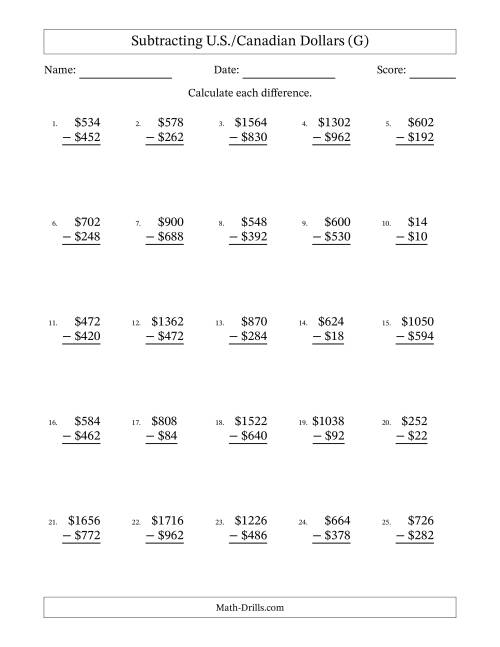 The Subtracting U.S./Canadian Dollars With Amounts from 2 to 998 in Increments of Two Dollars (G) Math Worksheet