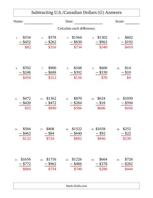 The Subtracting U.S./Canadian Dollars With Amounts from 2 to 998 in Increments of Two Dollars (G) Math Worksheet Page 2