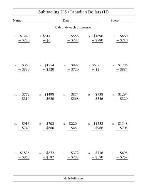 The Subtracting U.S./Canadian Dollars With Amounts from 2 to 998 in Increments of Two Dollars (H) Math Worksheet