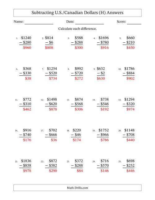 The Subtracting U.S./Canadian Dollars With Amounts from 2 to 998 in Increments of Two Dollars (H) Math Worksheet Page 2