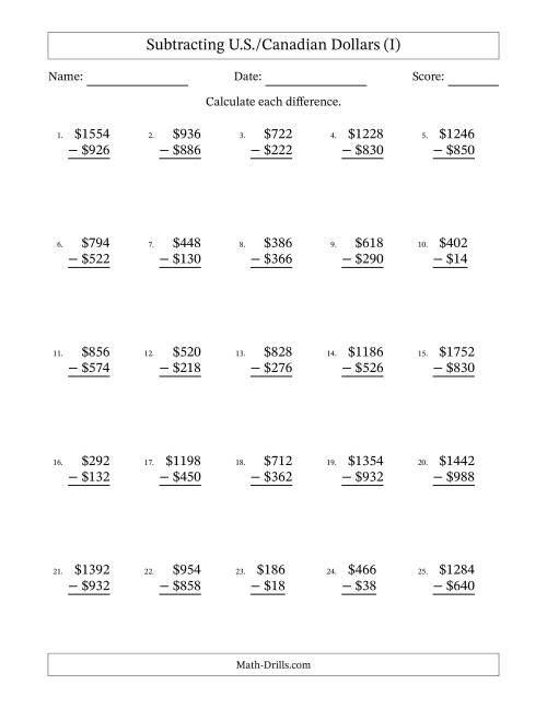 The Subtracting U.S./Canadian Dollars With Amounts from 2 to 998 in Increments of Two Dollars (I) Math Worksheet