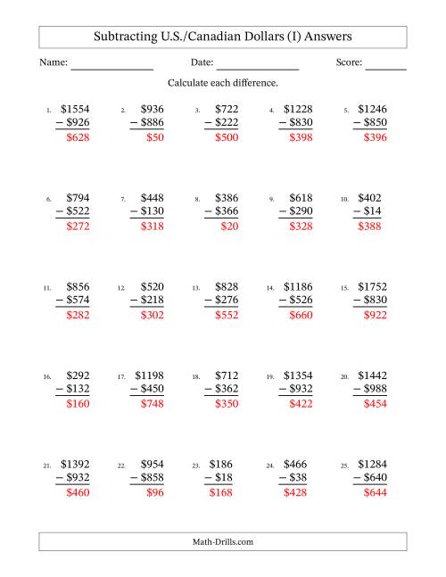 The Subtracting U.S./Canadian Dollars With Amounts from 2 to 998 in Increments of Two Dollars (I) Math Worksheet Page 2