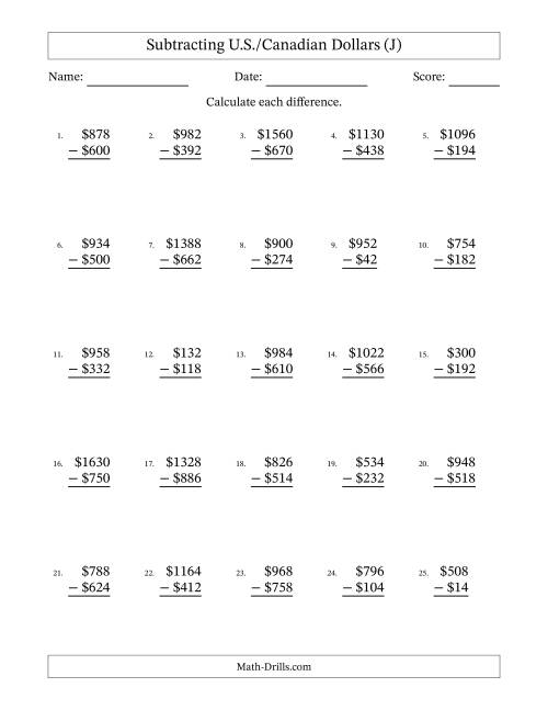 The Subtracting U.S./Canadian Dollars With Amounts from 2 to 998 in Increments of Two Dollars (J) Math Worksheet