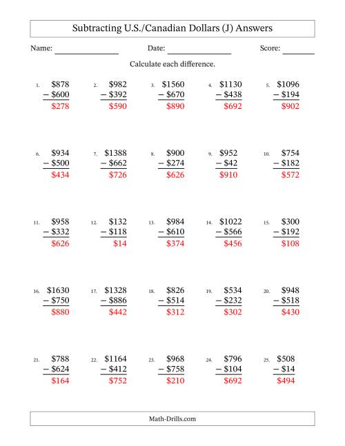 The Subtracting U.S./Canadian Dollars With Amounts from 2 to 998 in Increments of Two Dollars (J) Math Worksheet Page 2