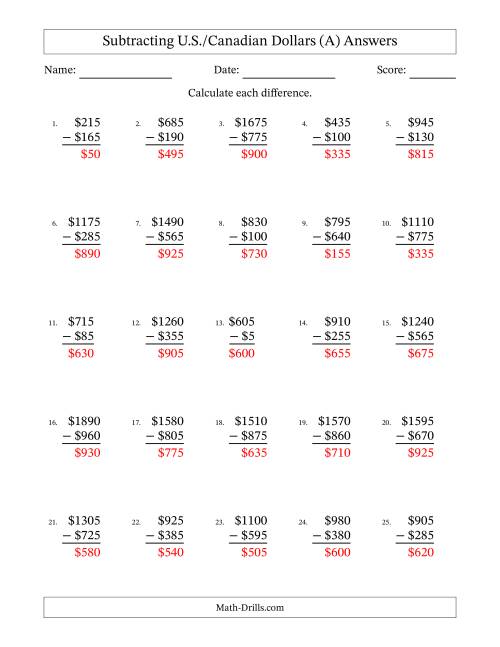 The Subtracting U.S./Canadian Dollars With Amounts from 5 to 995 in Increments of Five Dollars (A) Math Worksheet Page 2