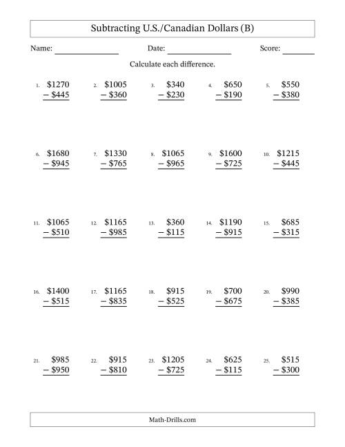 The Subtracting U.S./Canadian Dollars With Amounts from 5 to 995 in Increments of Five Dollars (B) Math Worksheet