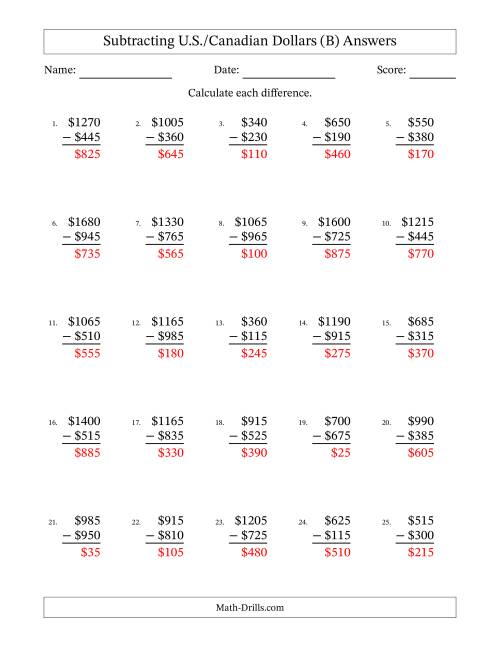 The Subtracting U.S./Canadian Dollars With Amounts from 5 to 995 in Increments of Five Dollars (B) Math Worksheet Page 2