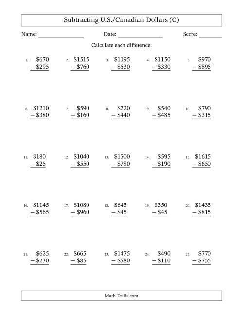 The Subtracting U.S./Canadian Dollars With Amounts from 5 to 995 in Increments of Five Dollars (C) Math Worksheet