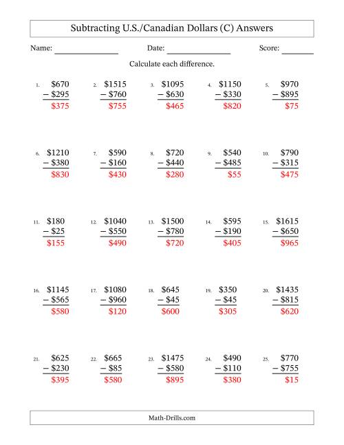 The Subtracting U.S./Canadian Dollars With Amounts from 5 to 995 in Increments of Five Dollars (C) Math Worksheet Page 2