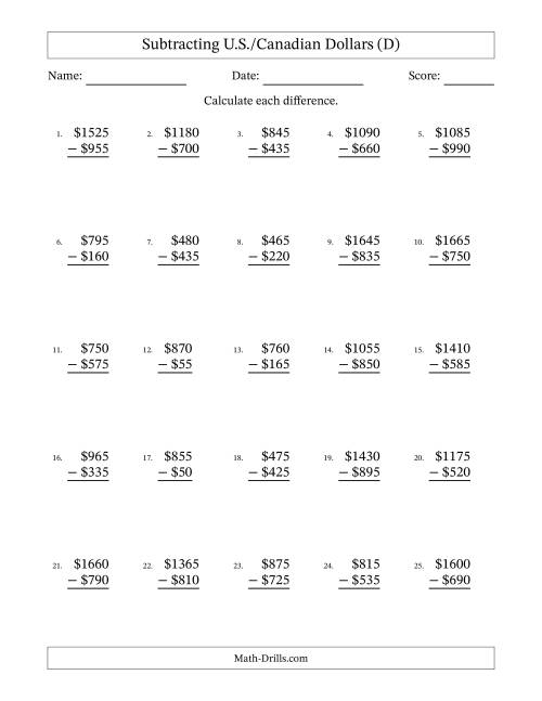 The Subtracting U.S./Canadian Dollars With Amounts from 5 to 995 in Increments of Five Dollars (D) Math Worksheet