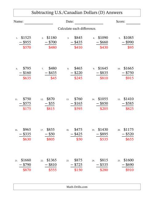 The Subtracting U.S./Canadian Dollars With Amounts from 5 to 995 in Increments of Five Dollars (D) Math Worksheet Page 2