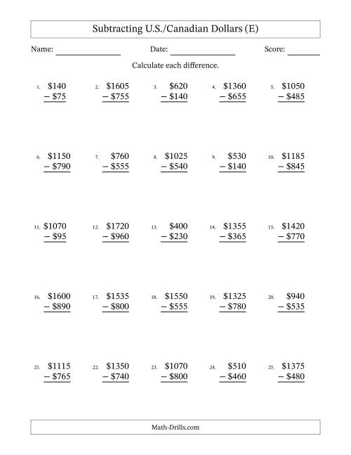 The Subtracting U.S./Canadian Dollars With Amounts from 5 to 995 in Increments of Five Dollars (E) Math Worksheet